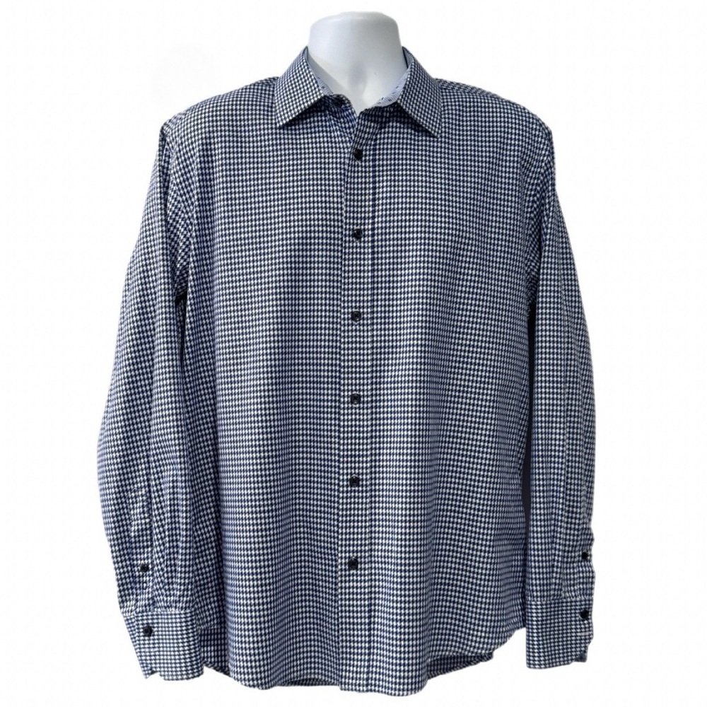 QUIETI Men’s Dress Shirt L |Blue & White Houndstooth| 100% Cotton |Made in Korea